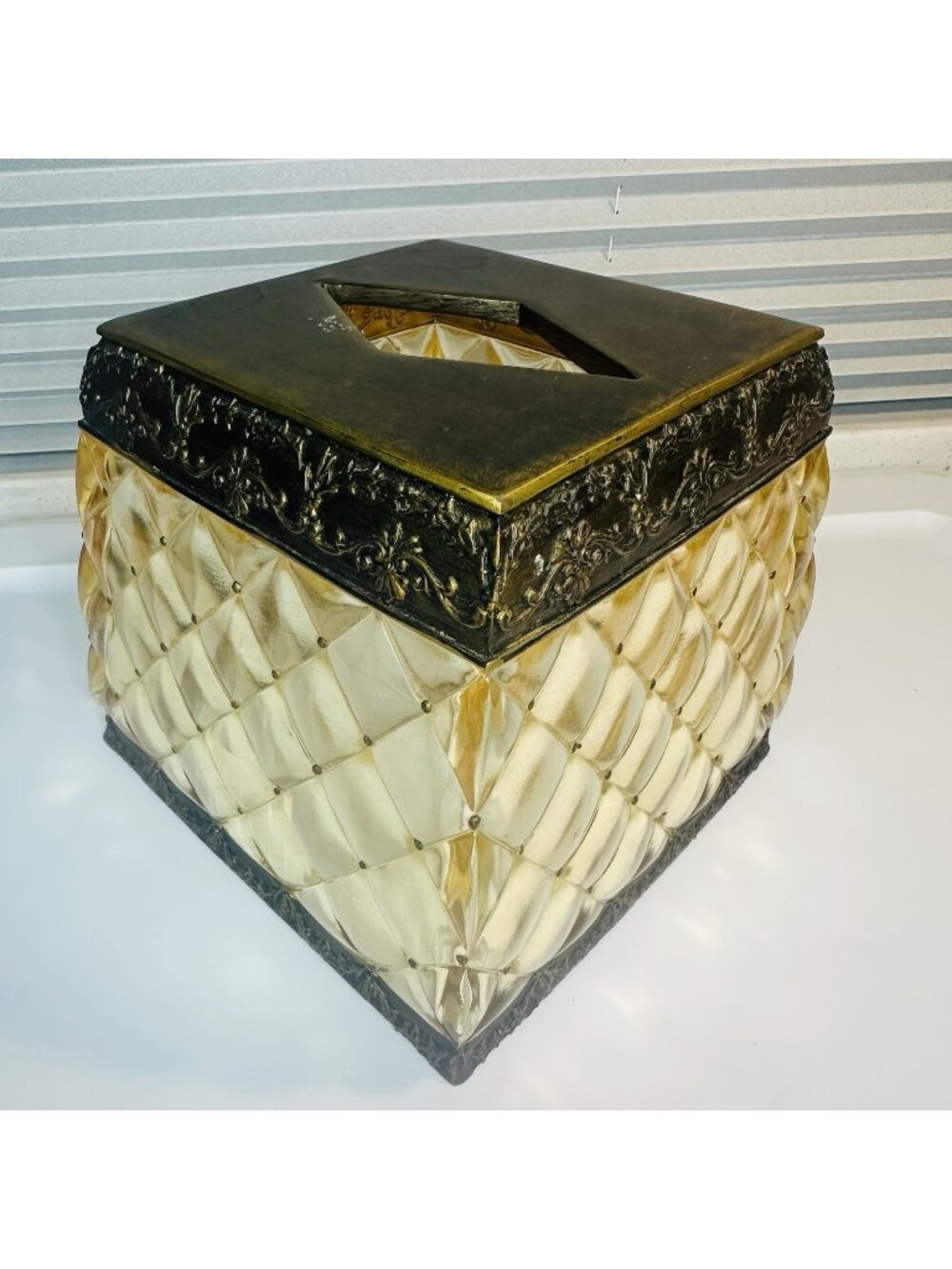 Vintage Amber Heavy Lucite Acrylic Square Tissue Box Holder Gold Ornate Regency